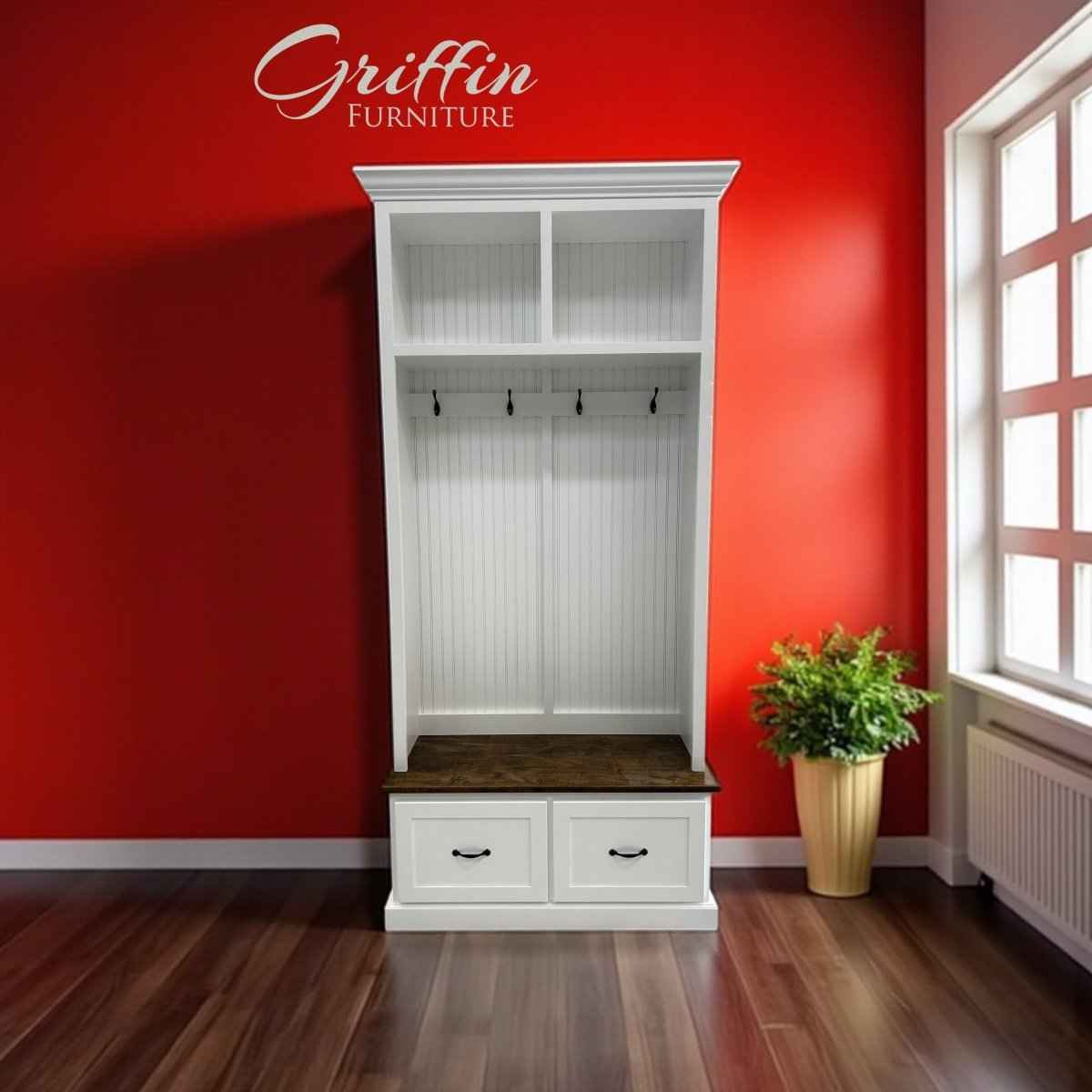 Georgia 2-Section Hall Tree with Shoe Drawers & Coat Hooks | Handcrafted Wood Entryway Bench