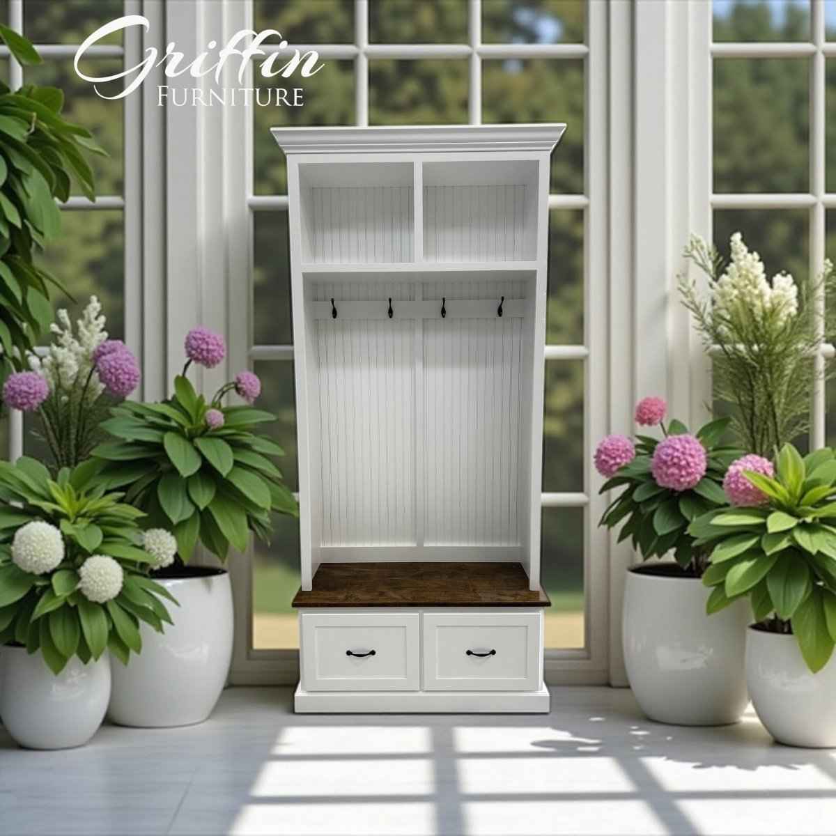 Georgia 2-Section Mudroom Bench with Shoe Drawers & Coat Hooks | Handcrafted Wood Hall Tree