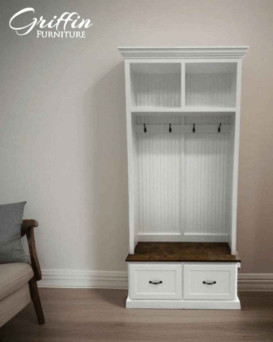Georgia 2-Section Mudroom Bench with Shoe Drawers & Coat Hooks | Handcrafted Wood Hall Tree