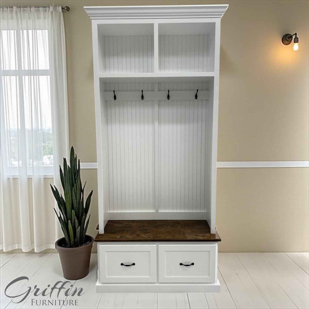 Georgia 2-Section Hall Tree with Shoe Drawers & Coat Hooks | Handcrafted Wood Entryway Bench