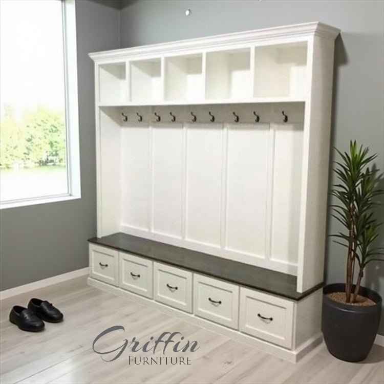 Georgia 5-Section Hall Tree with Bench, Drawers & Coat Hooks | Handcrafted Wood Mudroom Furniture