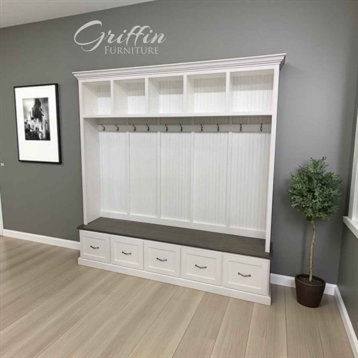 Georgia 5-Section Hall Tree with Bench, Drawers & Coat Hooks | Handcrafted Wood Mudroom Furniture