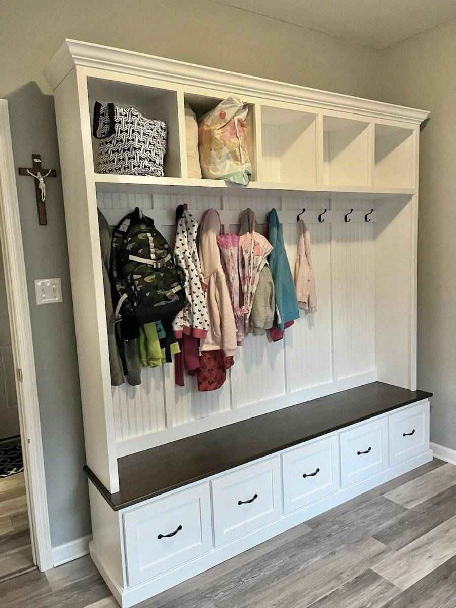 Georgia 5-Section Hall Tree with Bench, Drawers & Coat Hooks | Handcrafted Wood Mudroom Furniture