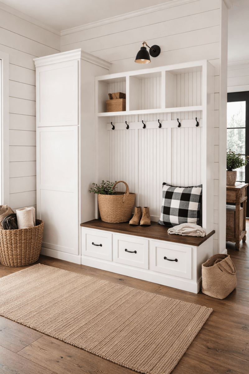 Holbrook Entryway Bench with Shoe Storage | Wood Mudroom Organizer | Hall Tree Style Mud Bench (3-section)