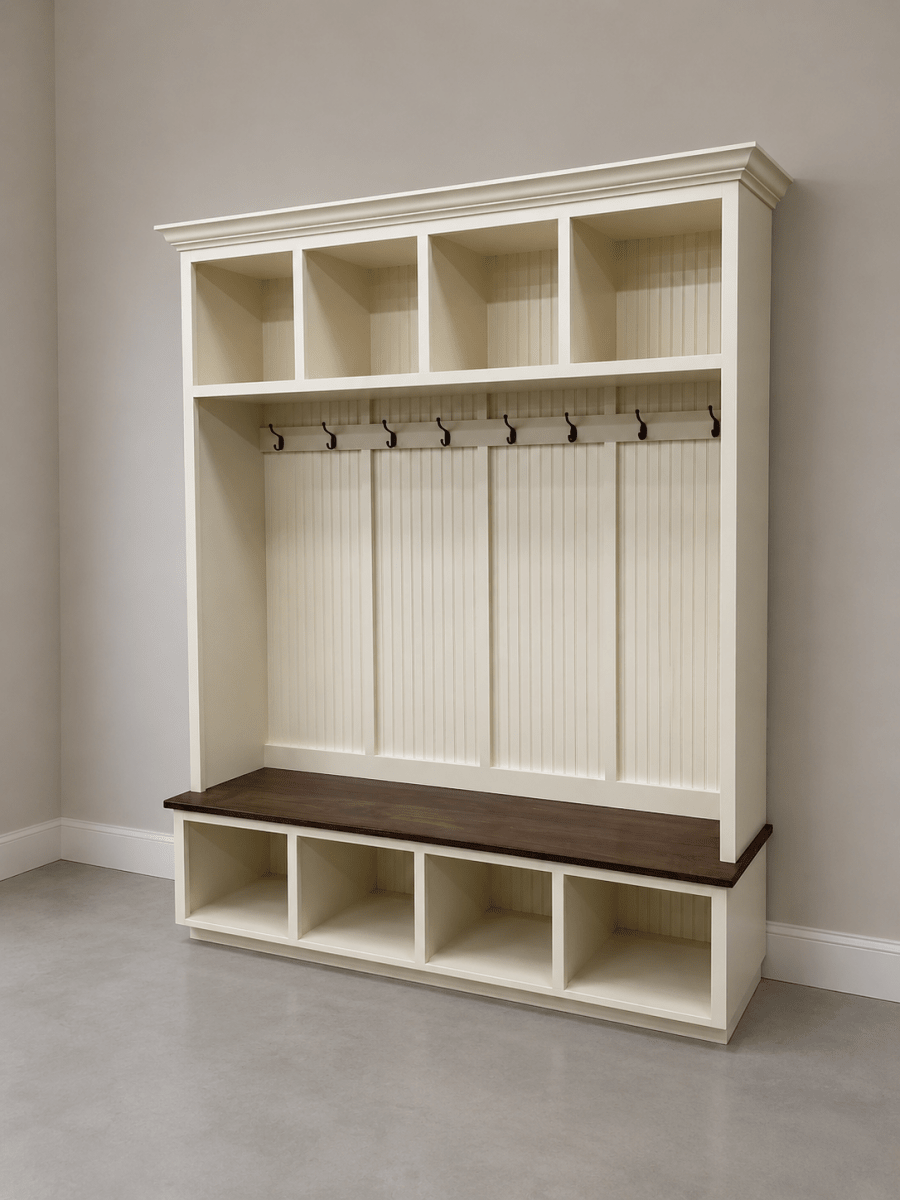Houston Hall Tree with Bench and Shoe Storage | Wood Mudroom Organizer | Entryway Coat Rack with Cubbies 4-section