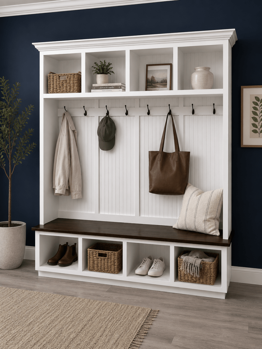 Houston Hall Tree with Bench and Shoe Storage | Wood Mudroom Organizer | Entryway Coat Rack with Cubbies 4-section