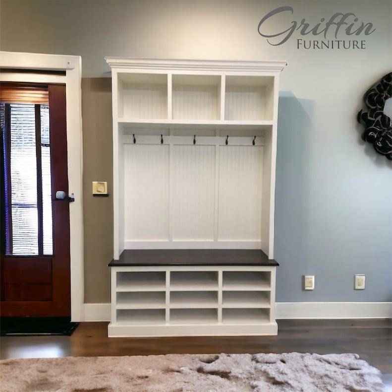 Louisiana 3-Section Mudroom Bench with Shoe Cubbies & Coat Hooks | Handcrafted Wood Hall Tree
