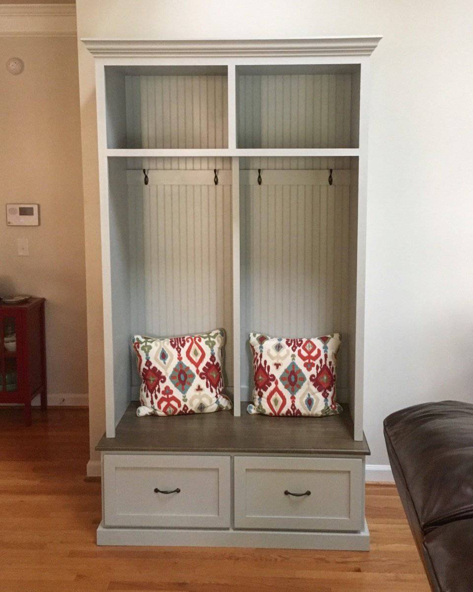 Merrick Shoe Storage Bench | Entryway Furniture | Mudroom Locker | Hall Tree | Wall Mount Coat Rack (2 section).