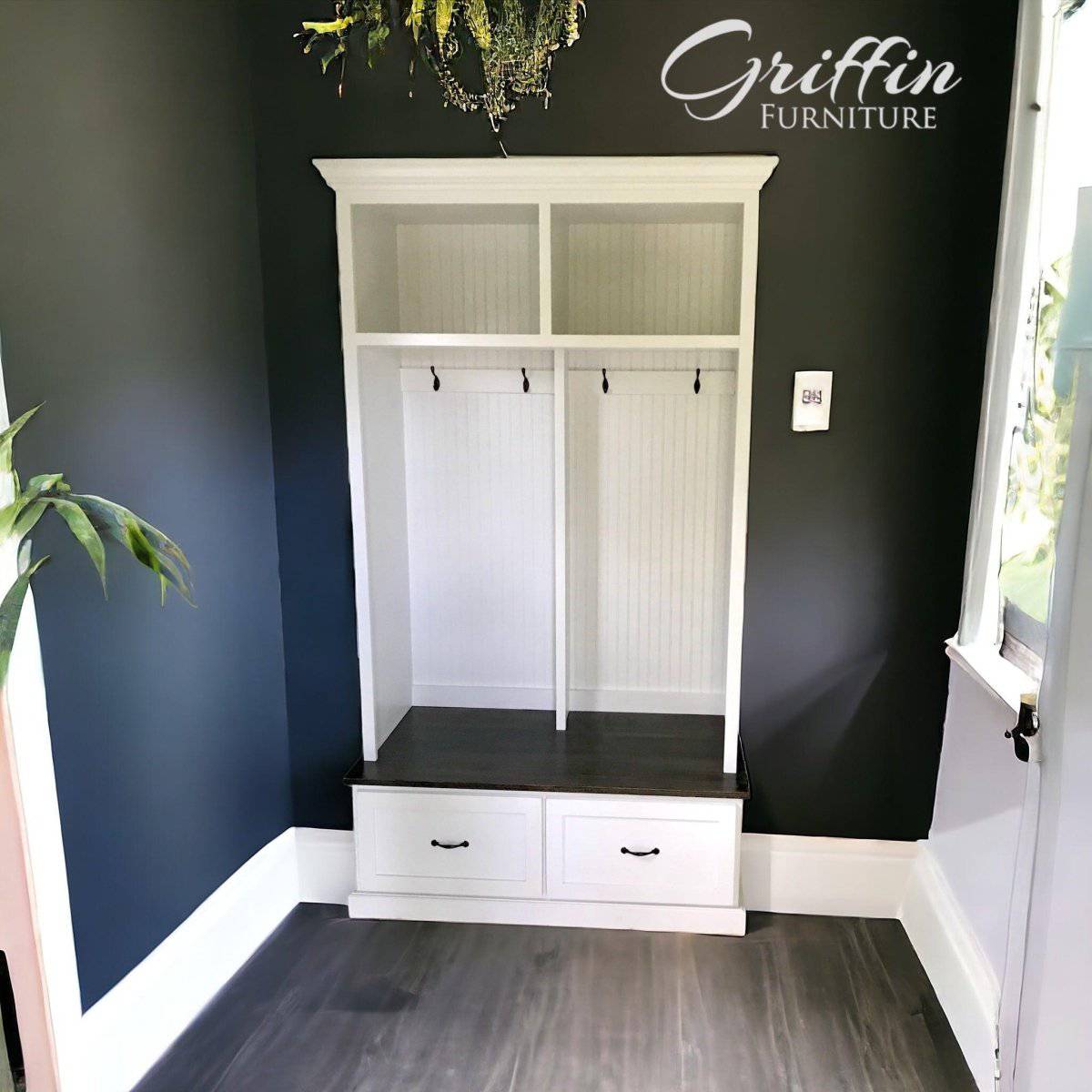 Merrick Shoe Storage Bench | Entryway Furniture | Mudroom Locker | Hall Tree | Wall Mount Coat Rack (2 section).