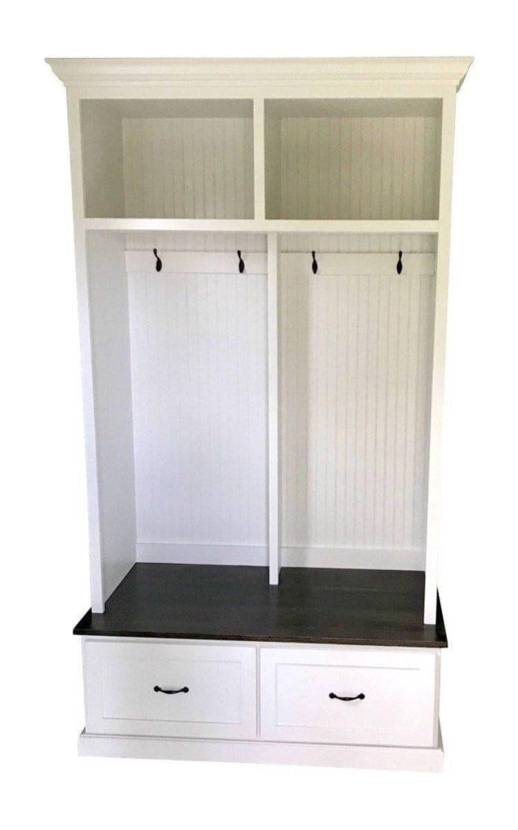 Merrick Shoe Storage Bench | Entryway Furniture | Mudroom Locker | Hall Tree | Wall Mount Coat Rack (2 section).