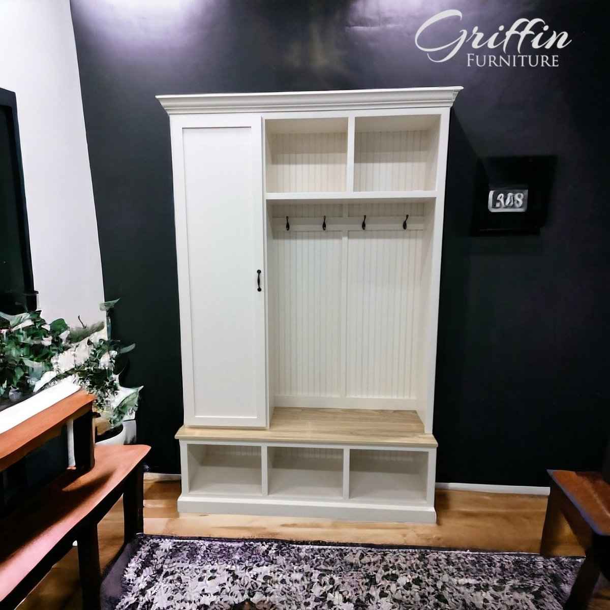 Miami Entryway Bench with Coat Hooks & Shoe Cubbies | Handcrafted Wood Hall Tree Mudroom Organizer