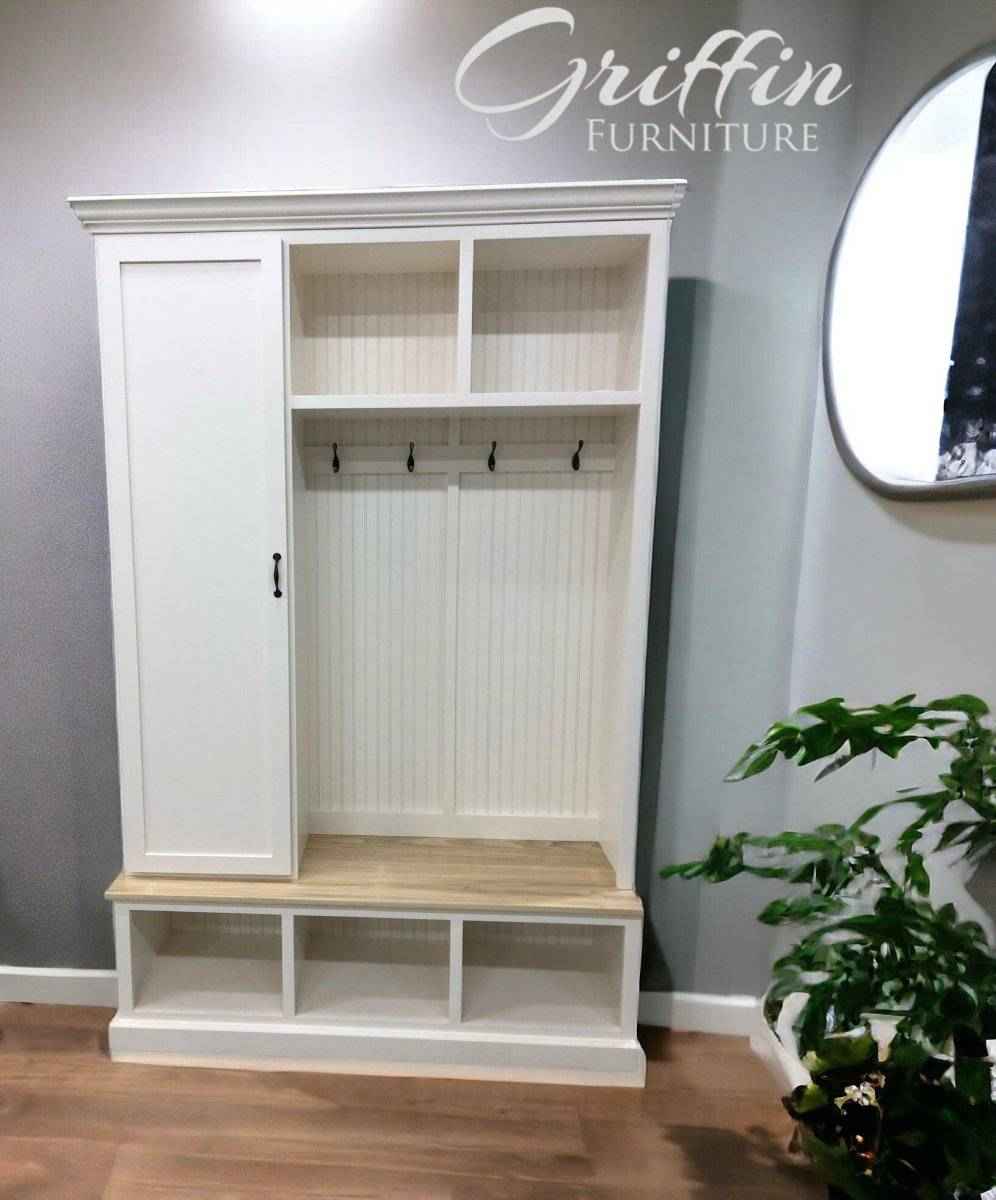 Miami Entryway Bench with Coat Hooks & Shoe Cubbies | Handcrafted Wood Hall Tree Mudroom Organizer