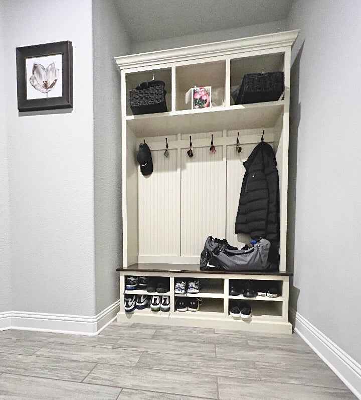 Moraga 3-Section Mudroom Bench with Coat Hooks & Shoe Cubbies | Handcrafted Wood Hall Tree