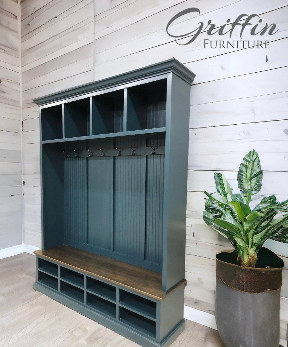 Elegant mudroom coat rack providing stylish organization for coats and accessories in an entryway.