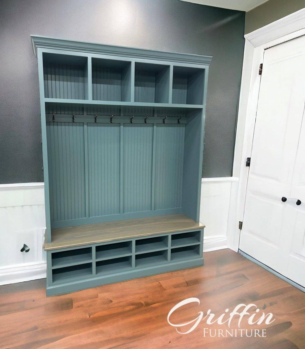 Elegant mudroom coat rack providing stylish organization for coats and accessories in an entryway.