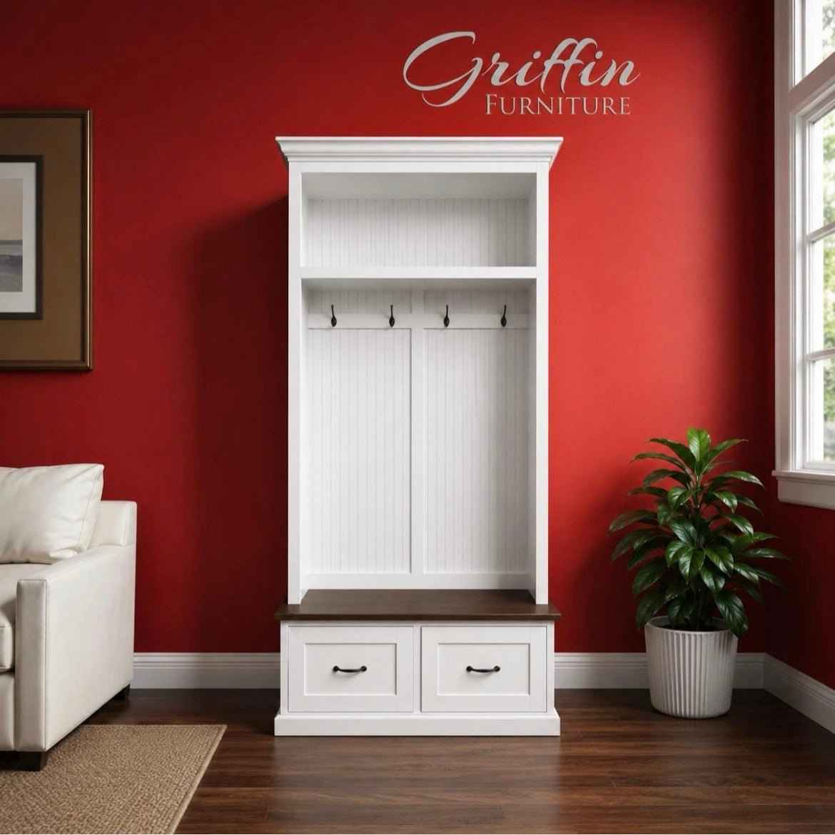 Nashville 2-Section Mudroom Bench with Drawers & Coat Hooks | Handcrafted Wood Hall Tree