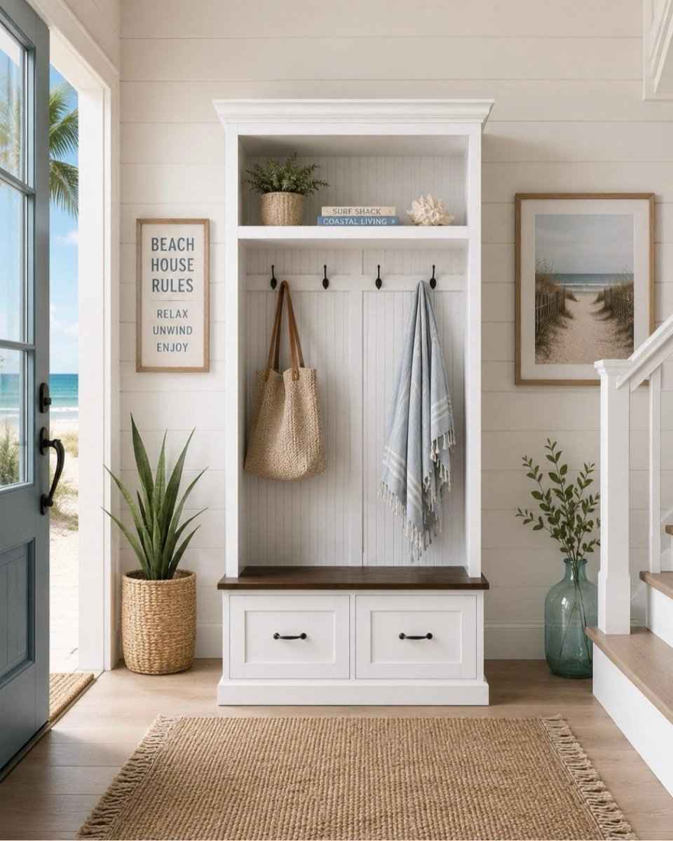 Nashville 2-Section Mudroom Bench with Drawers & Coat Hooks | Handcrafted Wood Hall Tree