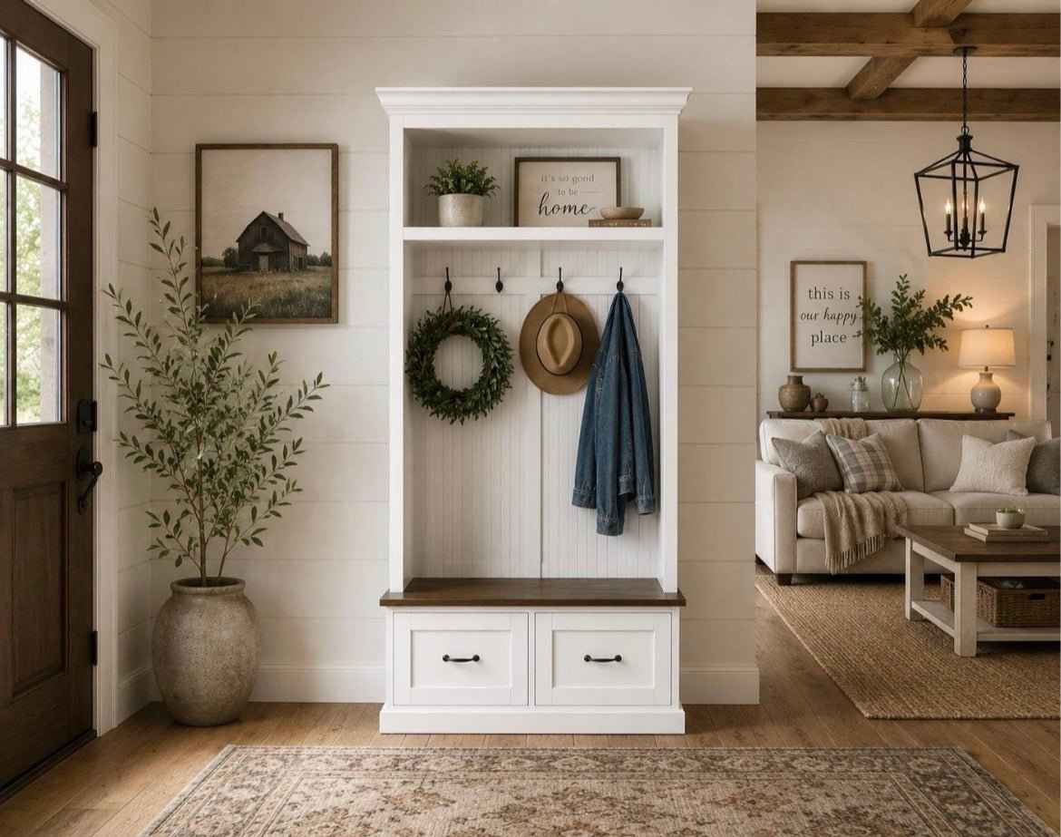 Nashville 2-Section Mudroom Bench with Drawers & Coat Hooks | Handcrafted Wood Hall Tree