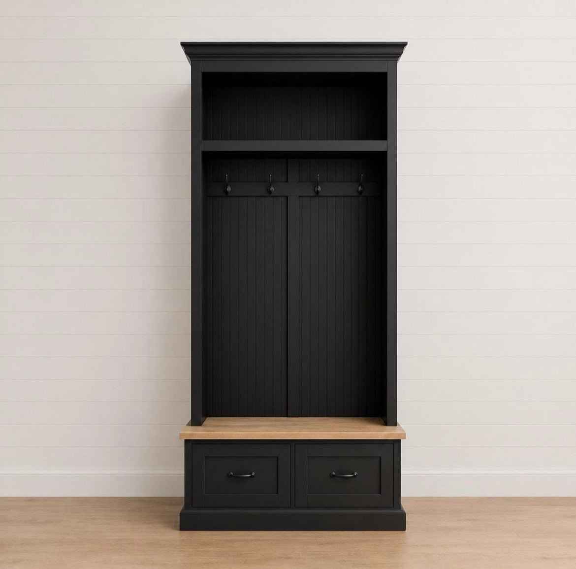 Nashville 2-Section Mudroom Bench with Drawers & Coat Hooks | Handcrafted Wood Hall Tree
