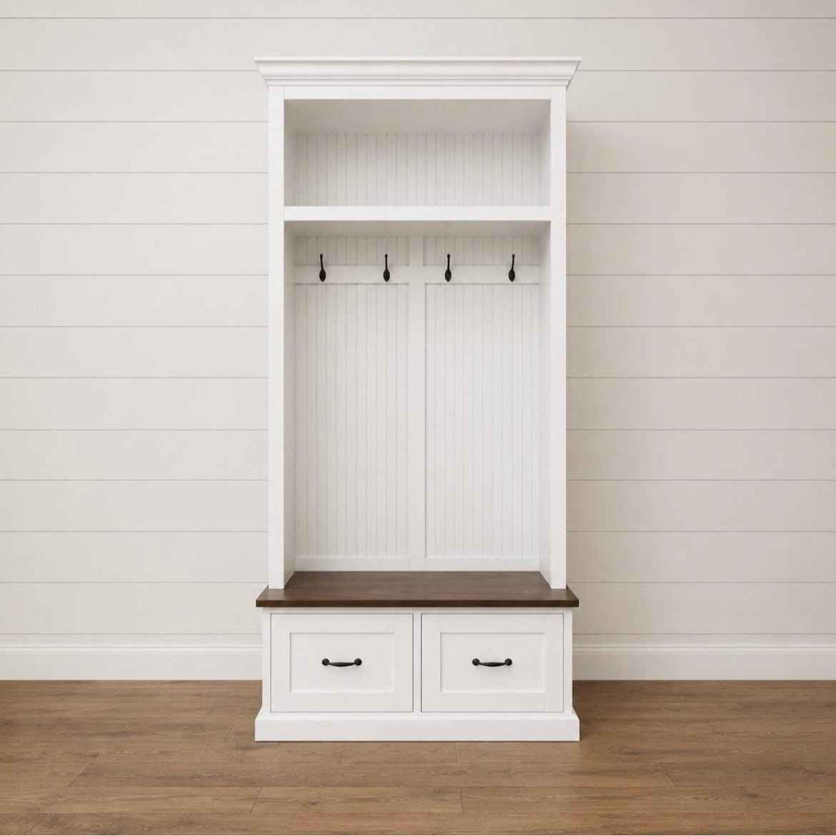 Nashville 2-Section Mudroom Bench with Drawers & Coat Hooks | Handcrafted Wood Hall Tree