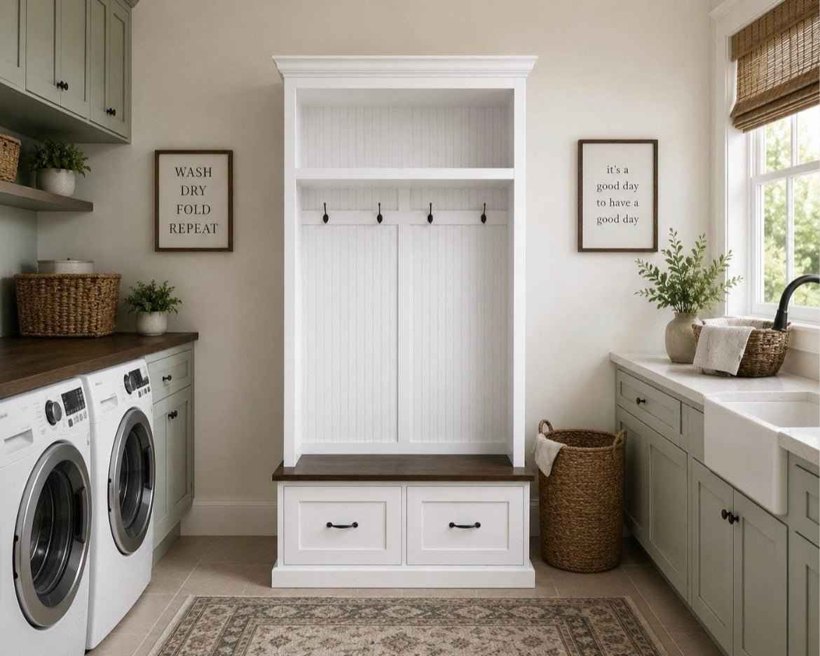Nashville 2-Section Mudroom Bench with Drawers & Coat Hooks | Handcrafted Wood Hall Tree