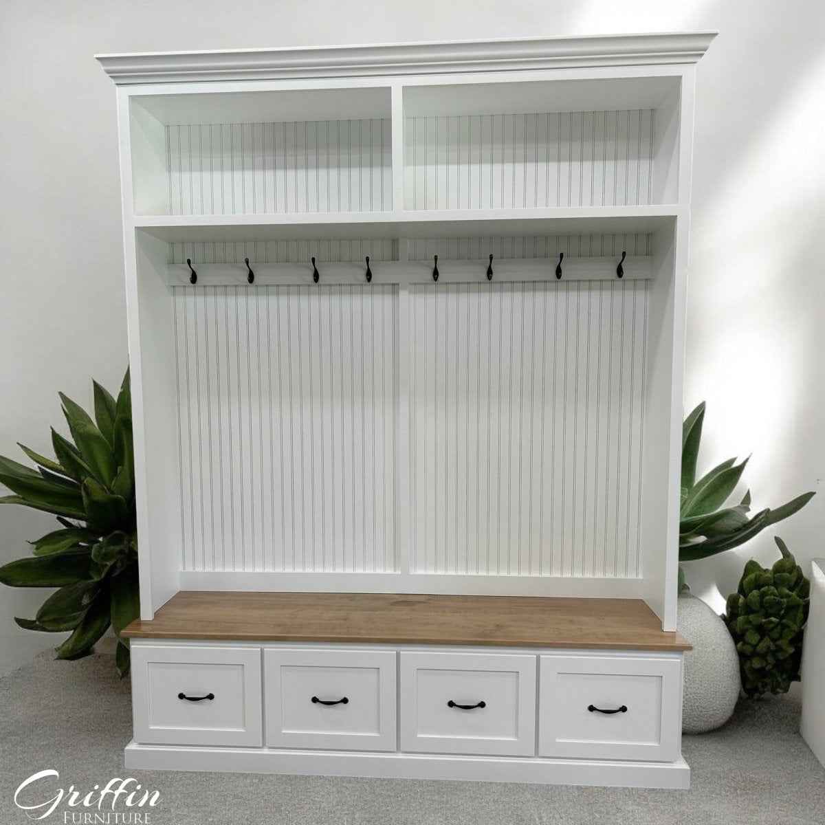 Nashville Farmhouse Entryway Bench with Shoe Drawers & Coat Hooks | Handcrafted Wood Hall Tree