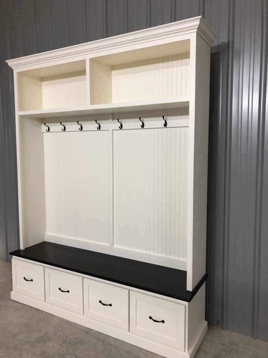 Nashville Farmhouse Entryway Bench with Shoe Drawers & Coat Hooks | Handcrafted Wood Hall Tree
