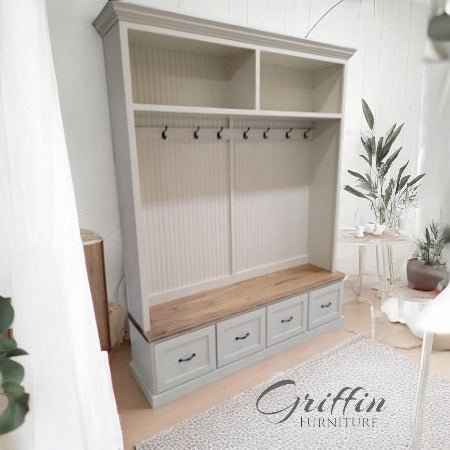 Nashville Farmhouse Entryway Bench with Shoe Drawers & Coat Hooks | Handcrafted Wood Hall Tree