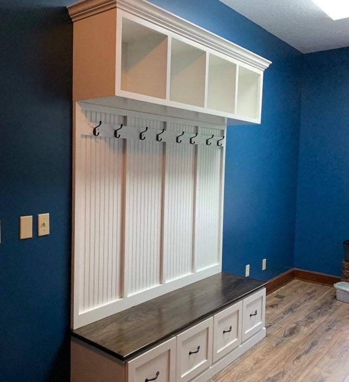 New York 4-Section Mudroom Bench with Storage Drawers & Hall Tree | Custom Entryway Organizer