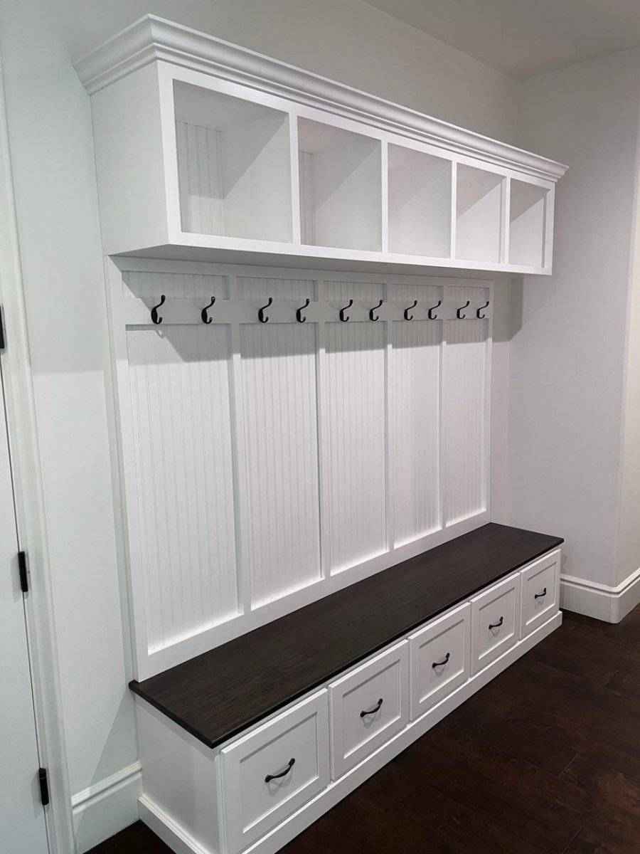 New York 5-Section Mudroom Bench with Shoe Drawers & Coat Hooks | Handcrafted Wood Hall Tree