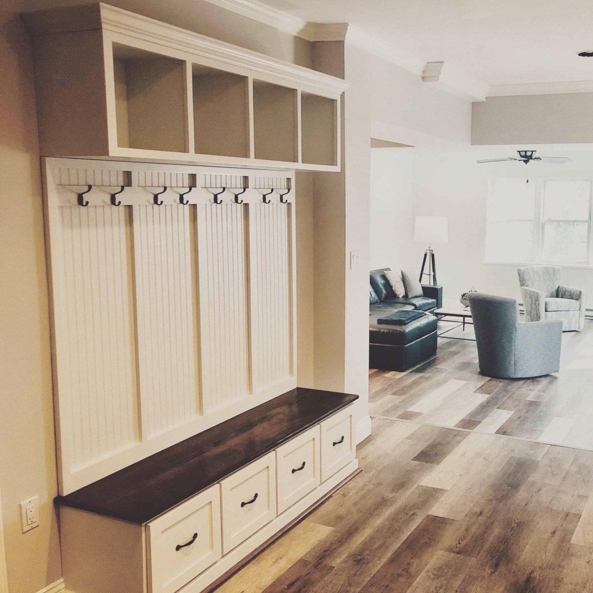 Elegant hall tree for organized entryway storage and style, combining functionality with modern design elements.