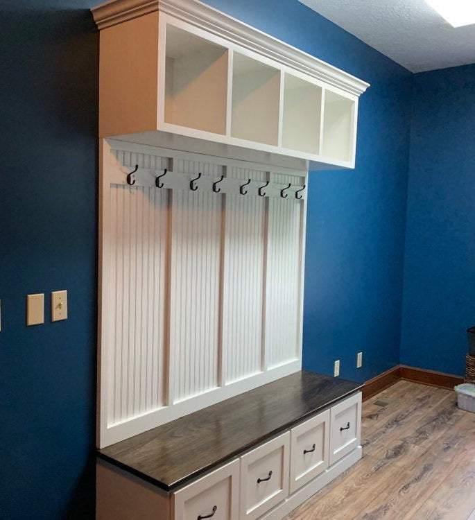 New York Mudroom Bench with Storage Drawers | Custom Hall Tree Coat Rack & Entryway Organizer (4-section)