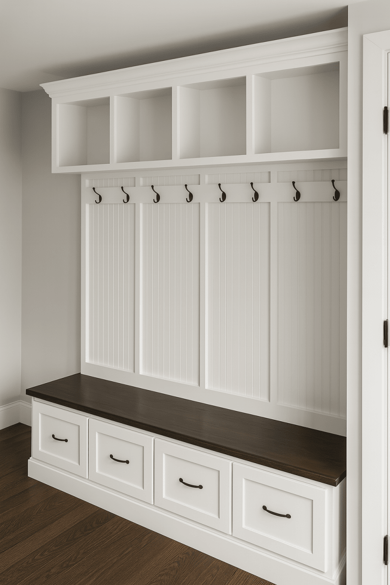 New York Mudroom Bench with Storage Drawers | Custom Hall Tree Coat Rack & Entryway Organizer (4-section)
