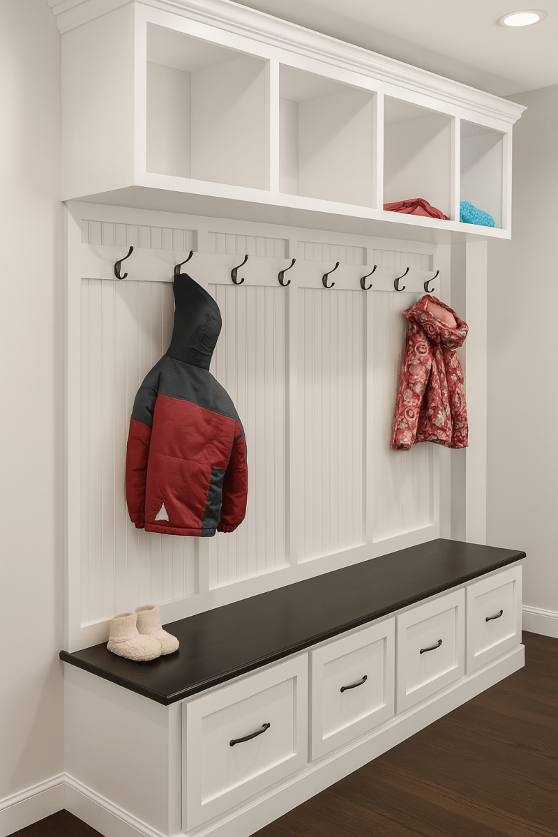 New York Mudroom Bench with Storage Drawers | Custom Hall Tree Coat Rack & Entryway Organizer (4-section)