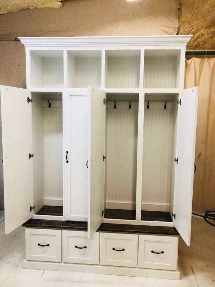 North Carolina 4-Section Entryway Bench with Shoe Storage & Coat Hooks | Custom Wood Hall Tree