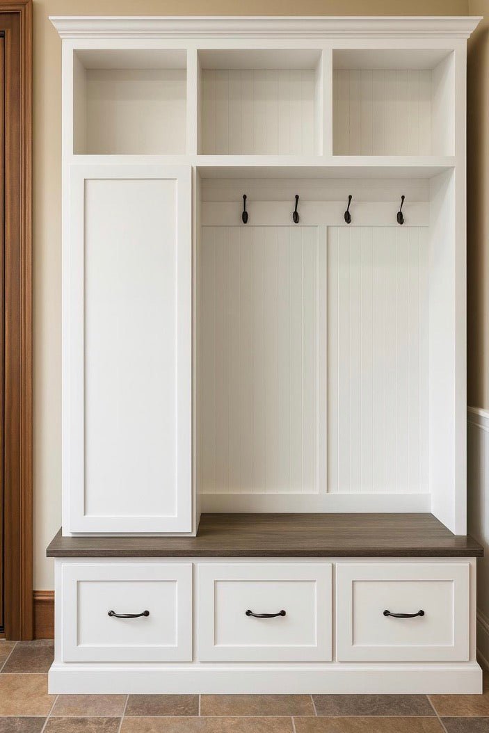 Oregon Mudroom Bench with Shoe Storage & Hooks | Entryway Bench | Custom Hall Tree Locker (3 Section)