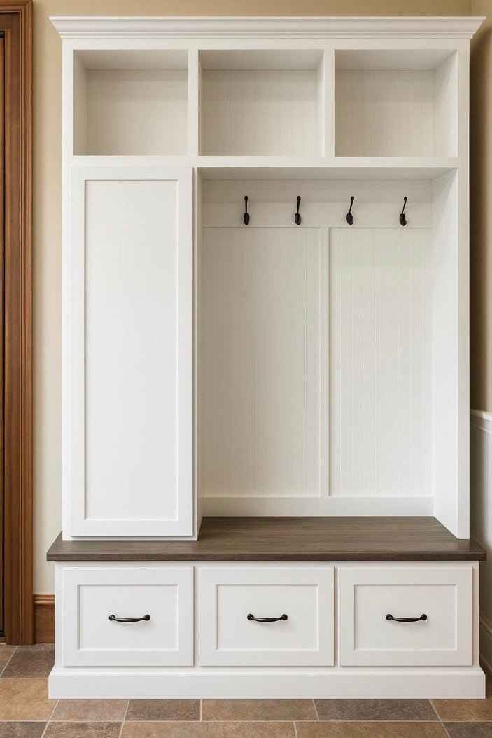 Oregon 3-Section Mudroom Bench with Shoe Storage & Coat Hooks | Handcrafted Wood Hall Tree Locker
