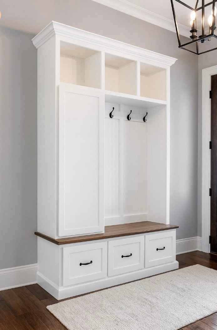 Oregon 3-Section Mudroom Bench with Shoe Storage & Coat Hooks | Handcrafted Wood Hall Tree Locker