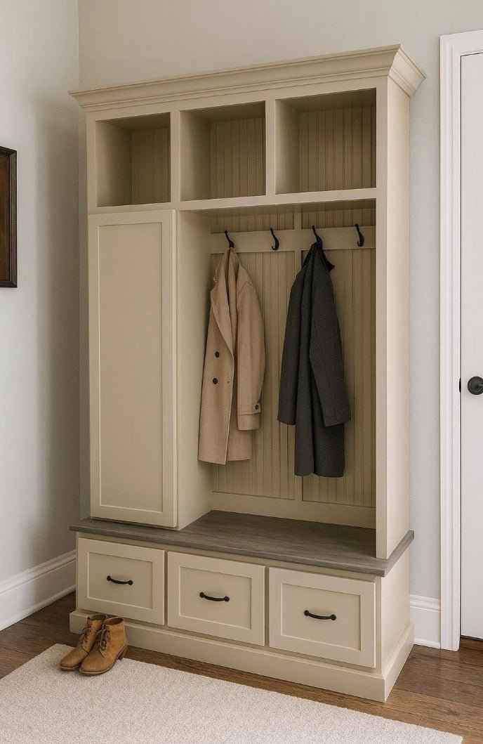 Oregon 3-Section Mudroom Bench with Shoe Storage & Coat Hooks | Handcrafted Wood Hall Tree Locker