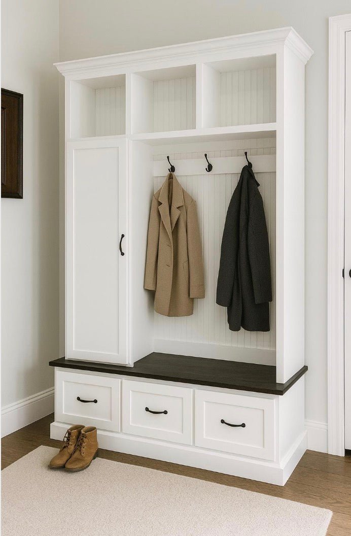 Oregon Mudroom Bench with Shoe Storage & Hooks | Entryway Bench | Custom Hall Tree Locker (3 Section)