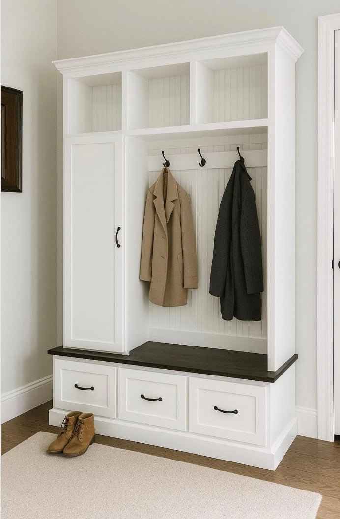 Oregon 3-Section Mudroom Bench with Shoe Storage & Coat Hooks | Handcrafted Wood Hall Tree Locker