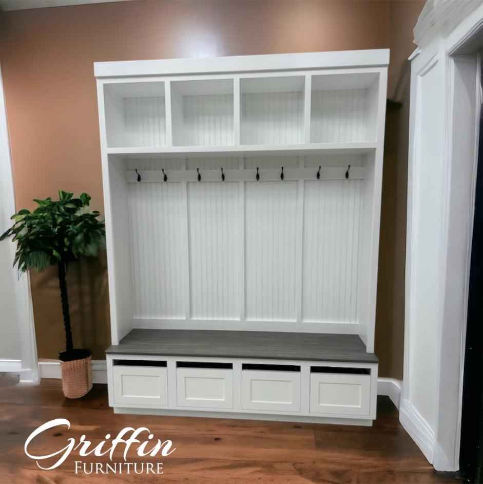 Orlando 4-Section Hall Tree with Bench & Shoe Storage | Handcrafted Wood Mudroom Entryway Furniture