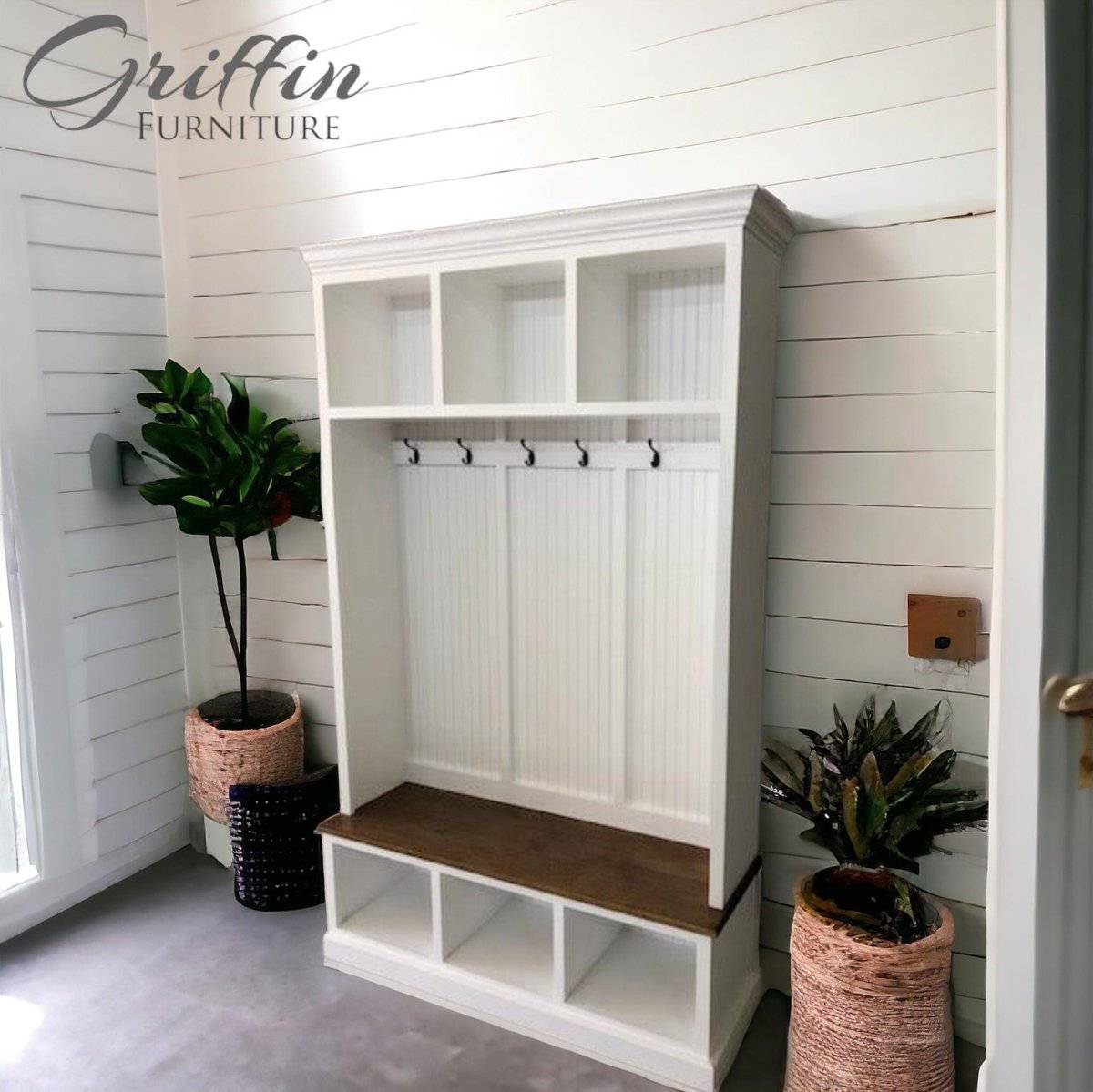 Elegant entryway storage bench providing functional organization and stylish decor for your home.