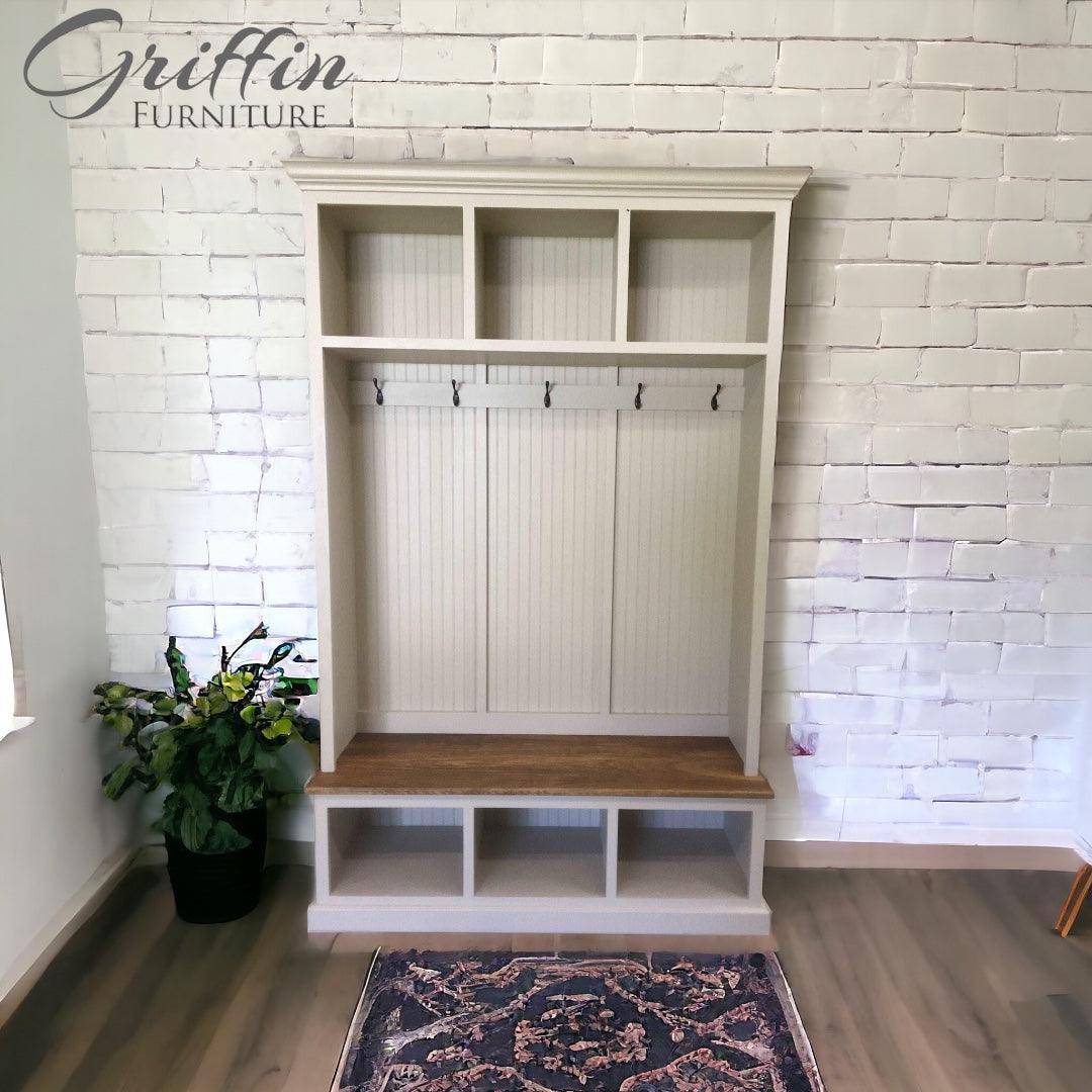 Elegant entryway storage bench providing functional organization and stylish decor for your home.