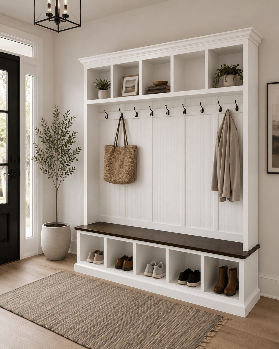 Pennsylvania 5-Section Entryway Bench with Storage – Custom Mudroom Seating | Wood Hall Tree Organizer