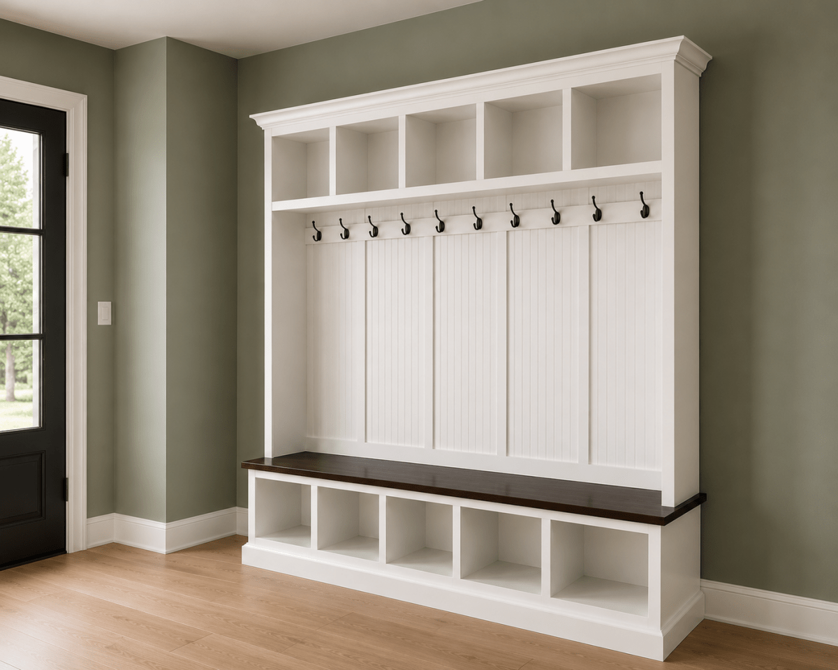 Pennsylvania 5-Section Entryway Bench with Storage – Custom Mudroom Seating | Wood Hall Tree Organizer