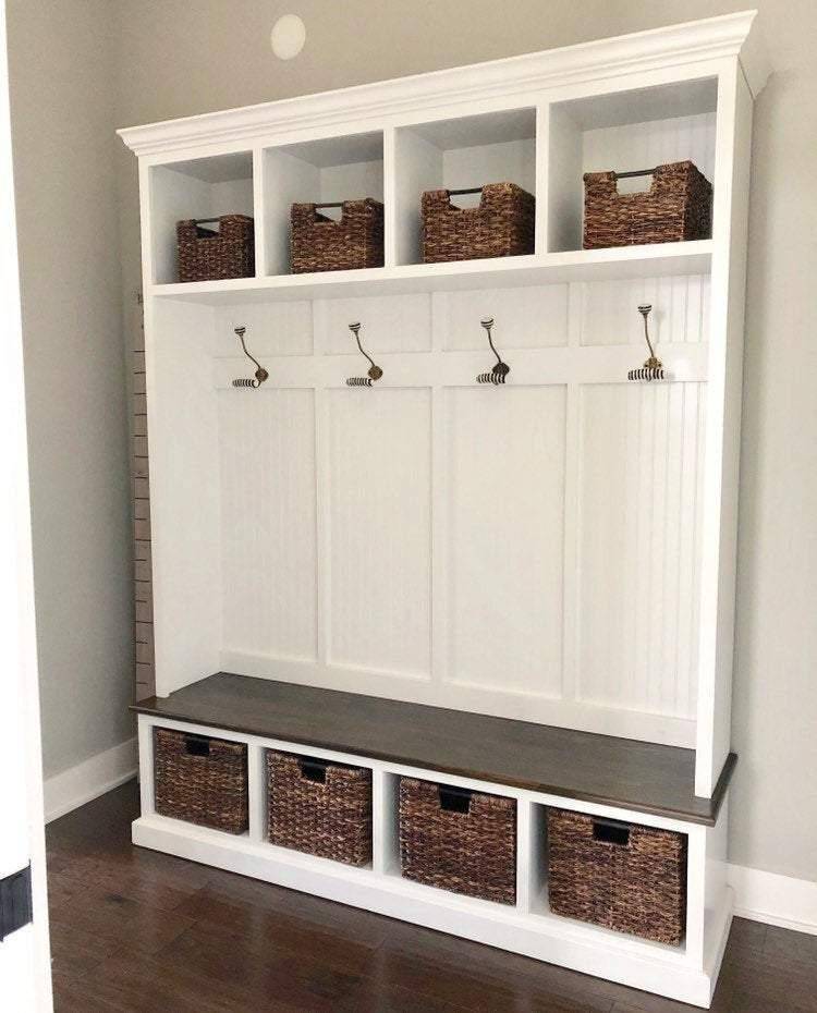 Pennsylvania Entryway Bench with Storage | Custom Wood Mudroom Seating | Handcrafted Hall Tree Bench (4-section)