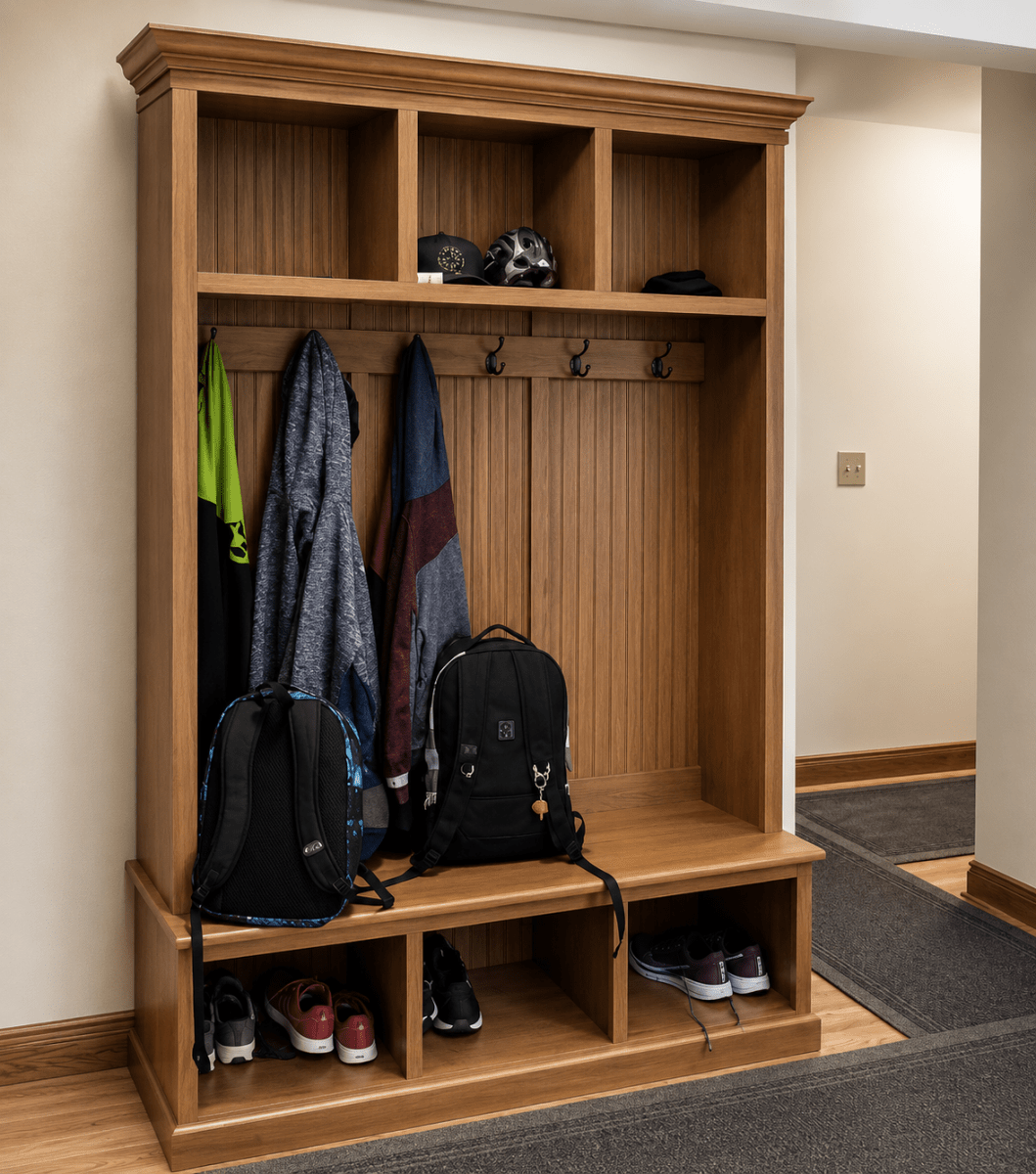 Pennsylvania Hall Tree with Shoe Storage Bench – 3-Section Entryway Organizer | Custom Mudroom Furniture