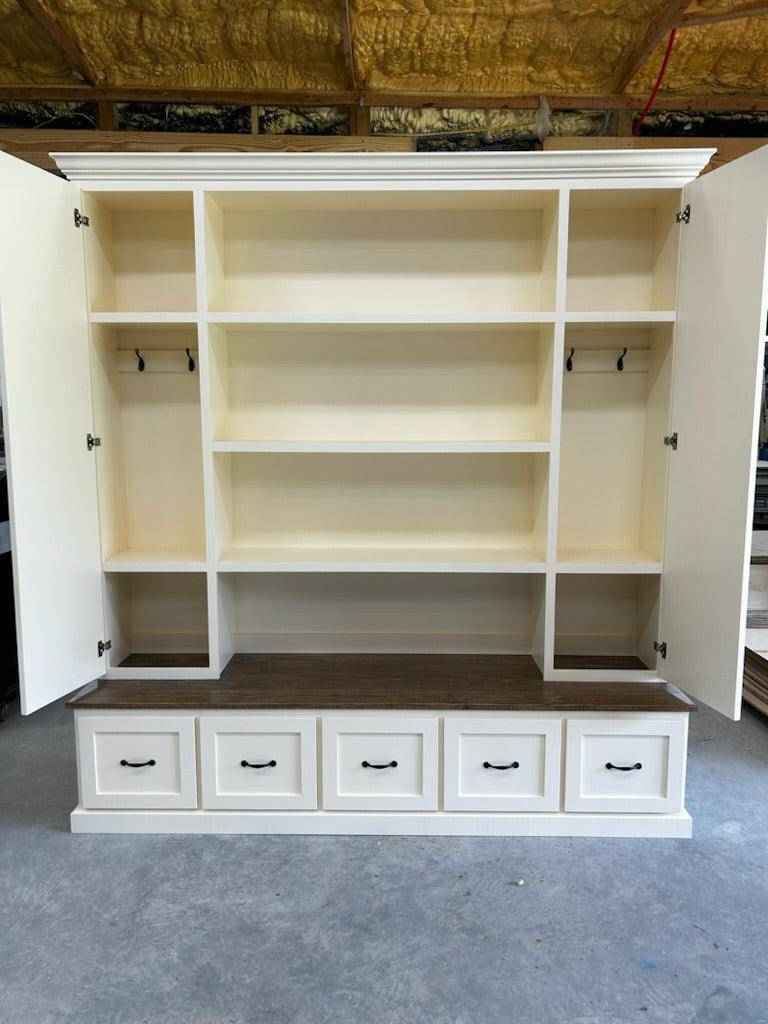 Philadelphia 5-Section Mudroom Locker Bench with Coat Hooks & Shoe Storage | Handcrafted Wood Hall Tree
