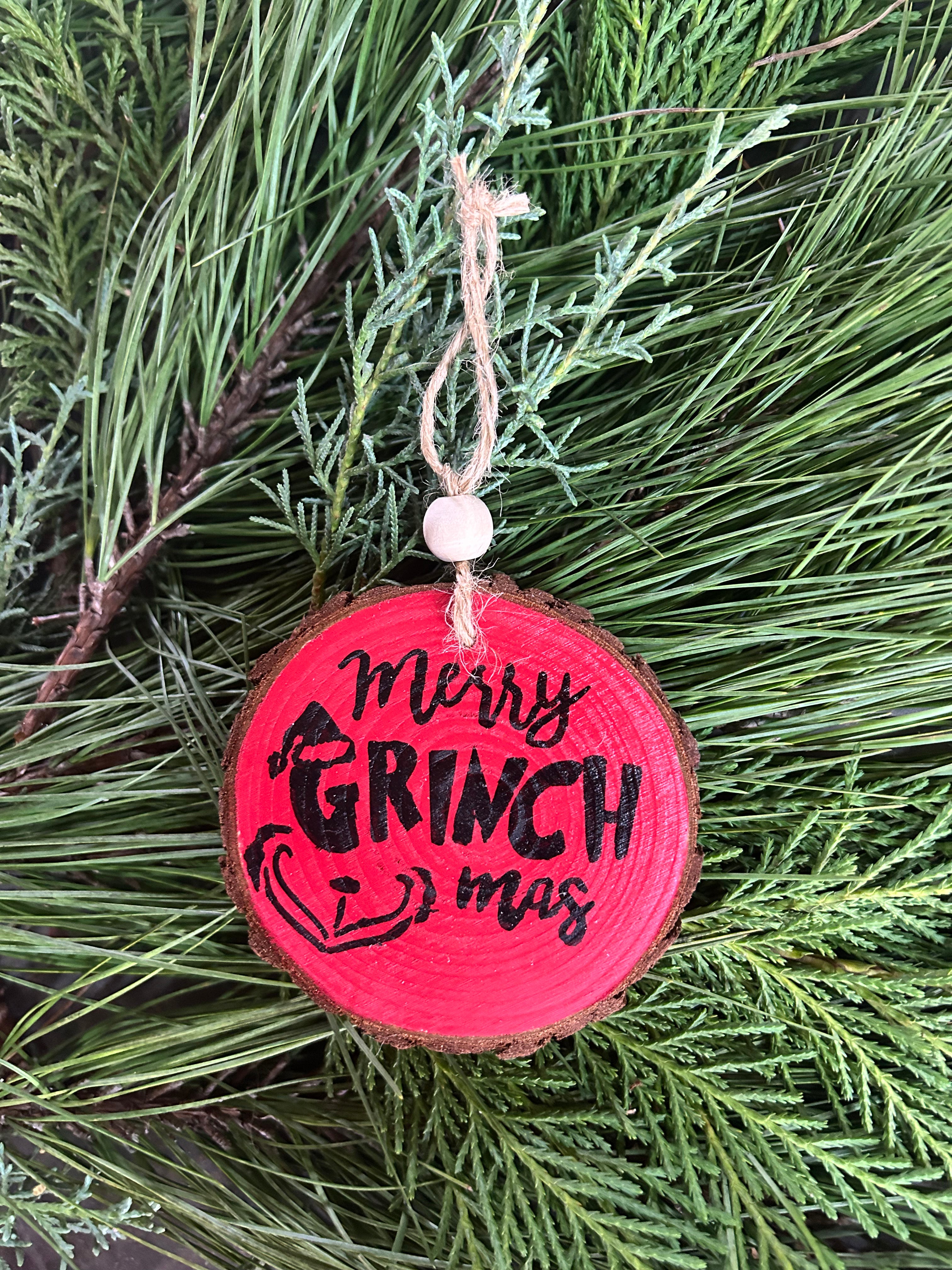 Rustic wood slice ornaments hand painted.